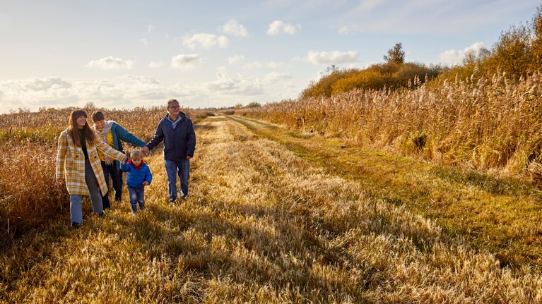 A group walking in Wicken Fen, Cambridgeshire